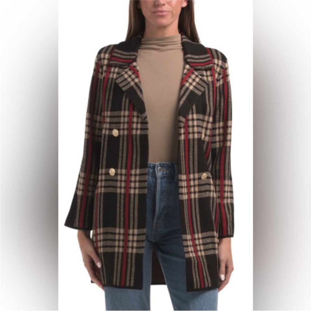 NWT Anne Klein Black and Red Plaid Cardigan small